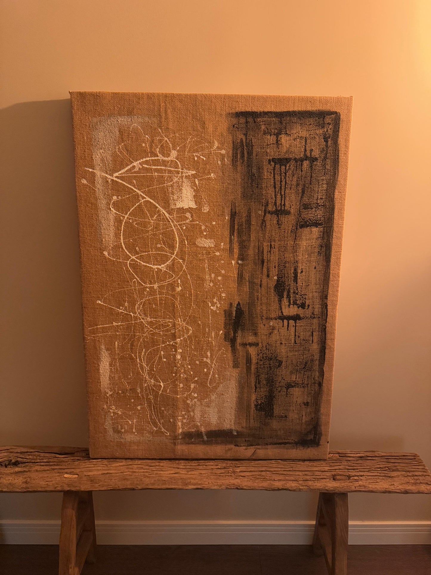 Unique Abstract Painting on 80-Year-Old European Burlap Canvas